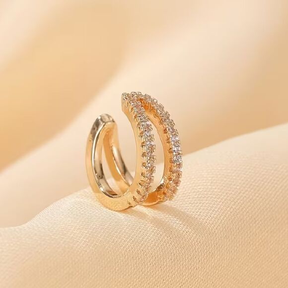 Double Layered Cubic Zirconia Gold Ear Cuff Clip Fashion Jewelry Trendy Earrings - Picture 2 of 4